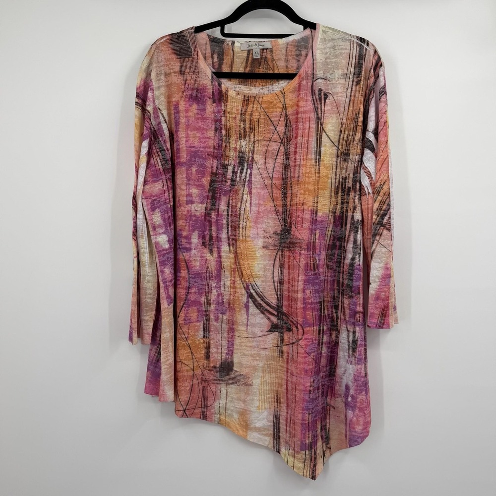 Jess & Jane Tunic Womens XL Multicolor Scoop Neck Asymmetrical Studded Art